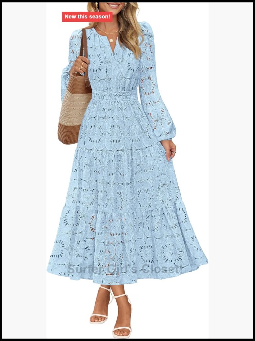 Lace Eyelet Floral Maxi Dress Long Puff Sleeve V-Neck